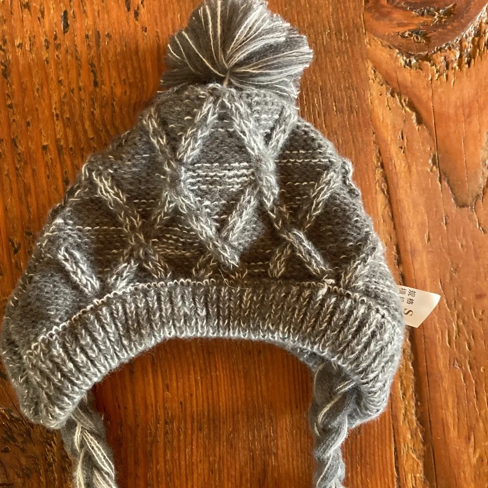 Dog Pom Pom Knit Hat, Size Small, Grey and White